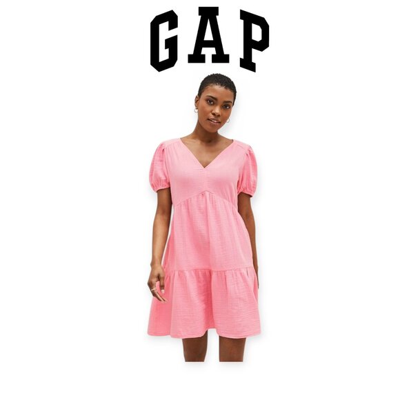 Gap barbiecore bubblegum pink crinkle gauze puff sleeve mini dress size M - Picture 1 of 13